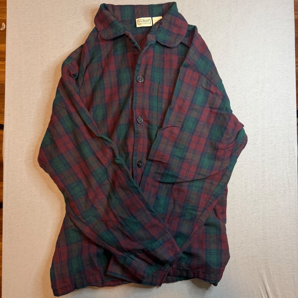 LL Bean Mens Flannel Shirt Small Reg Red Green Plaid Cotton Button Down vtg